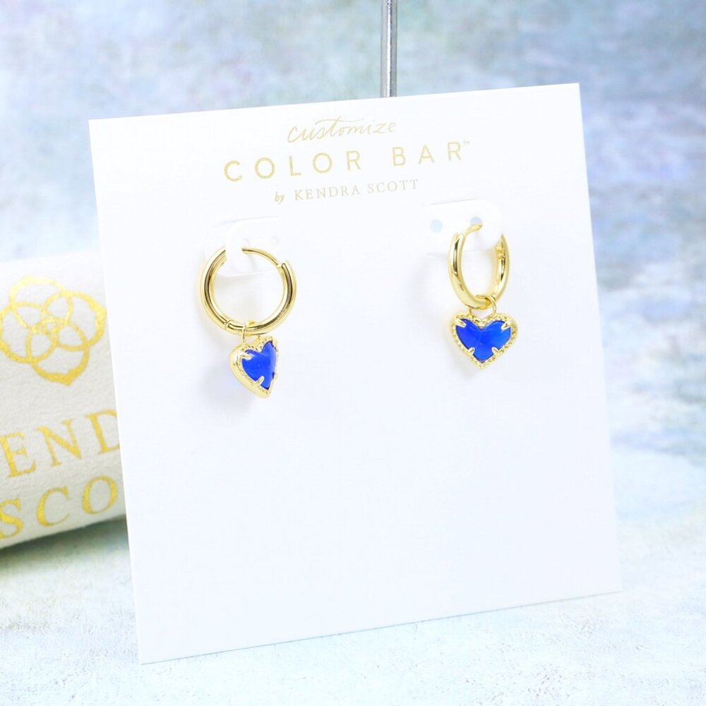 Kendra Scott Ari Heart Huggie Cat's Eye Cobalt Blue Earrings Gold September - Picture 3 of 4